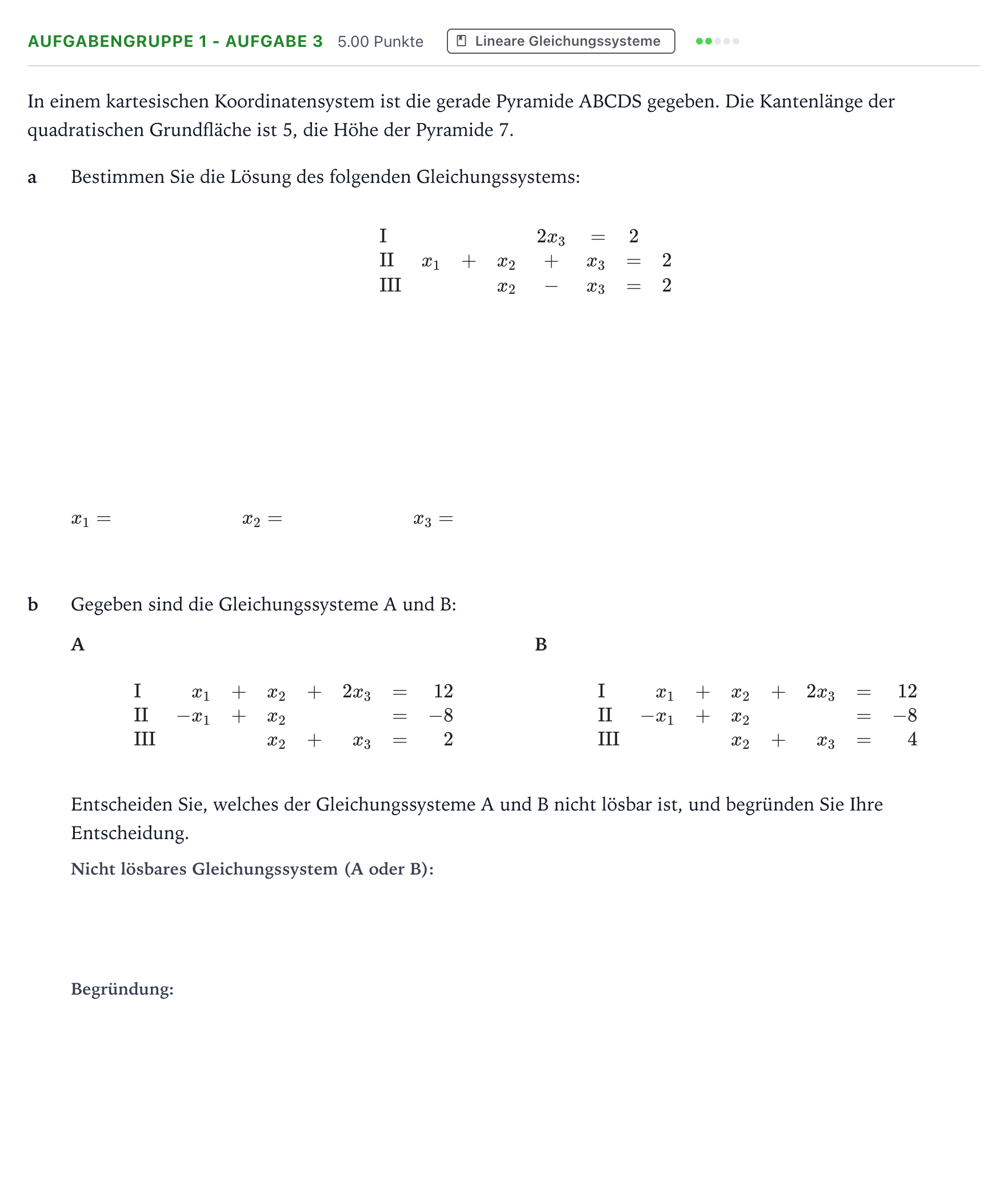 Aufgabenstellung: Aufgabengruppe 1 - Aufgabe 3 · Abitur NRW Mathematik GK · Teil A · Lineare Algebra
