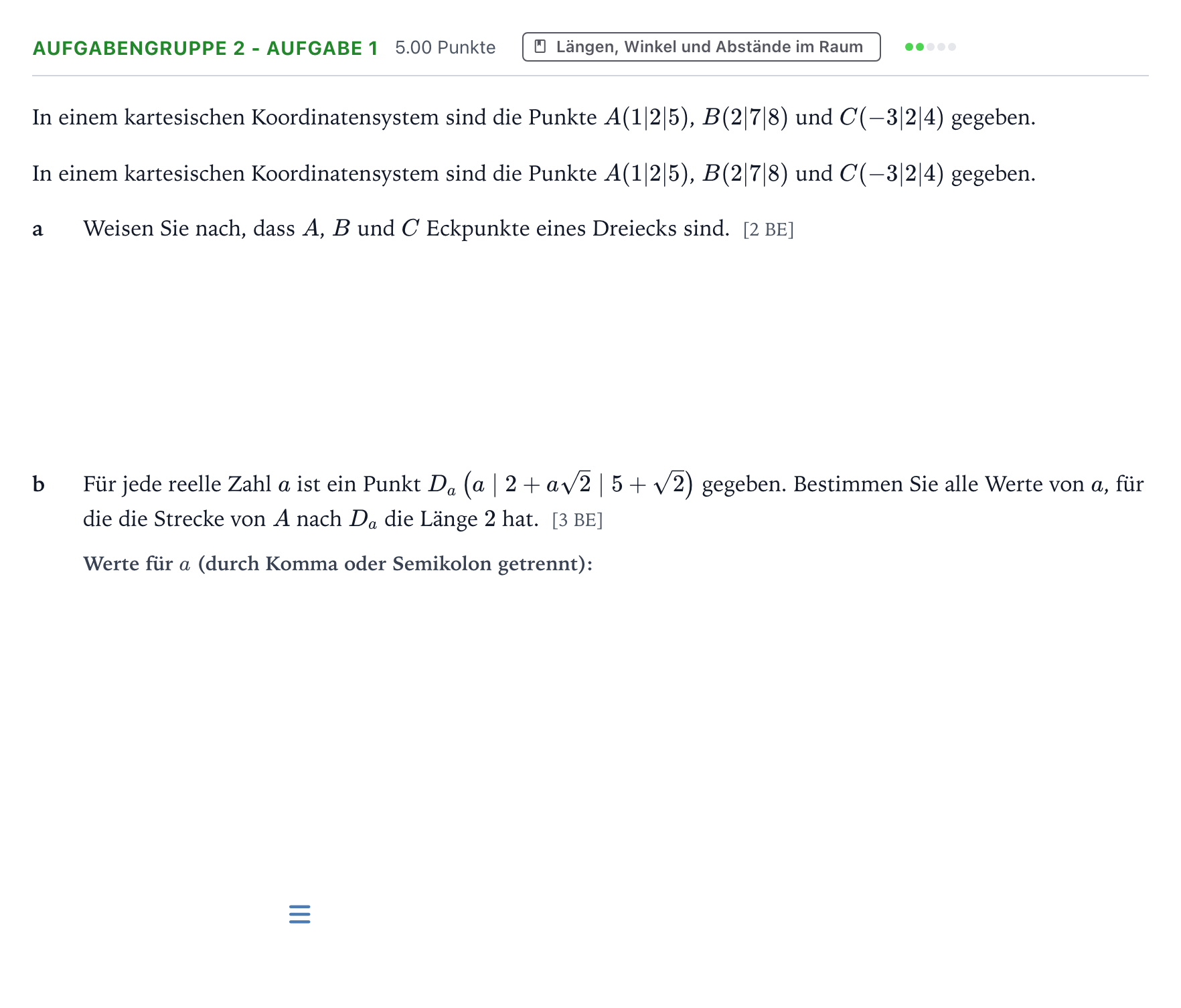 Aufgabenstellung: Aufgabengruppe 2 - Aufgabe 1 · Abitur NRW Mathematik GK · Teil A · Lineare Algebra