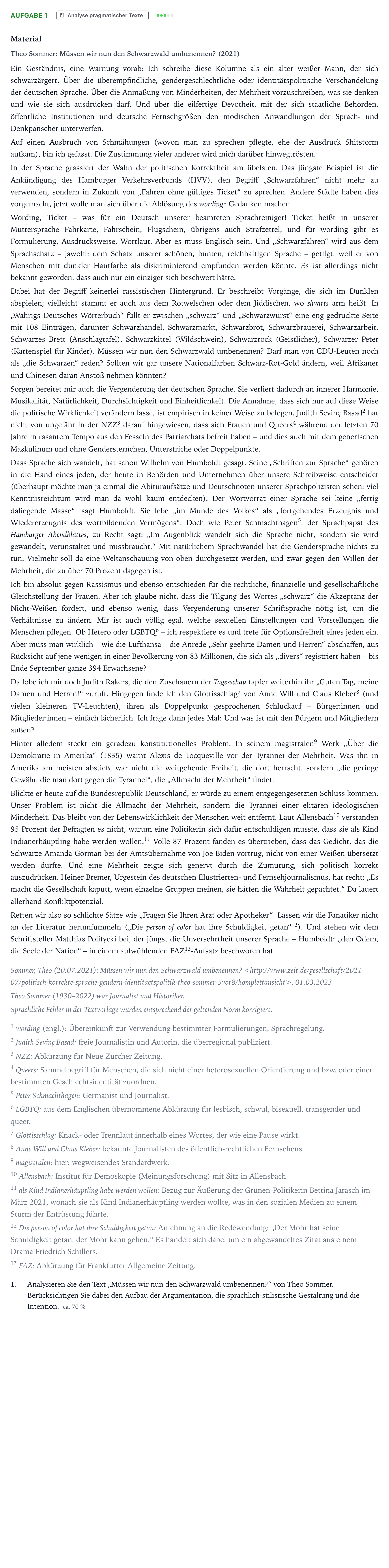 Aufgabenstellung: Aufgabe 1 - Analyse pragmatischer Texte · Abitur NRW Deutsch GK · aktuelle sprachliche Tendenzen im D 2024