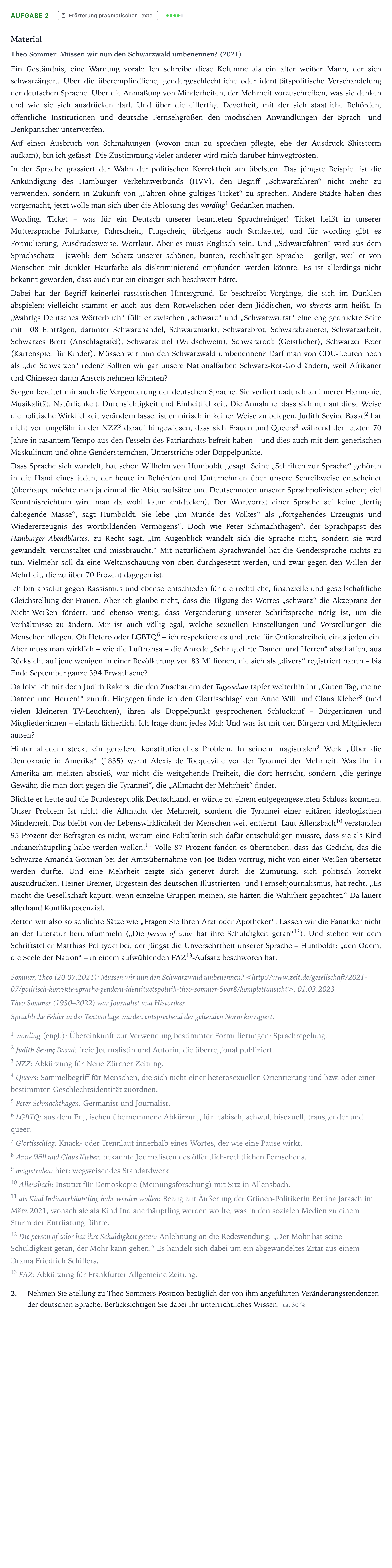 Aufgabenstellung: Aufgabe 2 - Erörterung pragmatischer Texte · Abitur NRW Deutsch GK · aktuelle sprachliche Tendenzen im D 2024