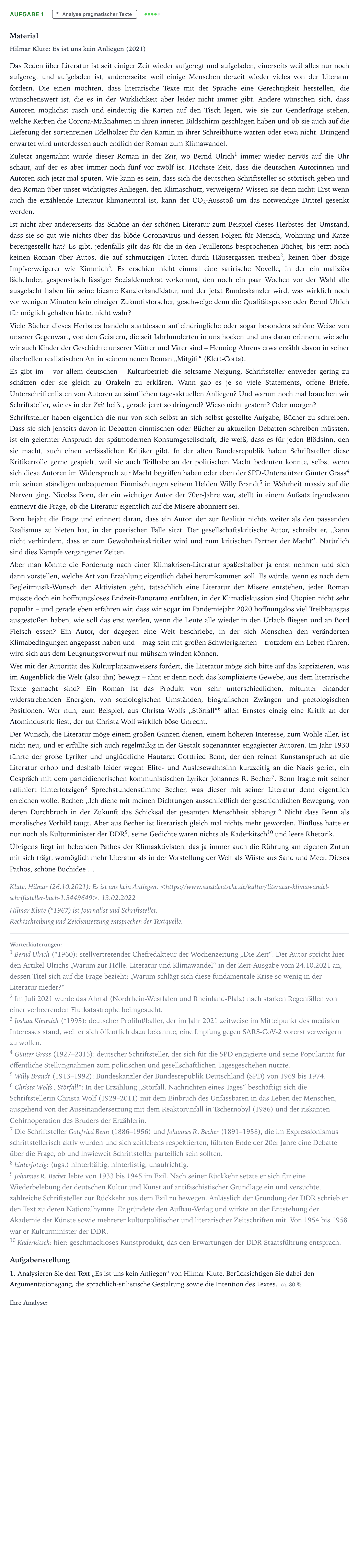 Aufgabenstellung: Aufgabe 1 - Analyse pragmatischer Texte · Abitur NRW Deutsch LK · Aufgabe von Literatur und Literatur 2024