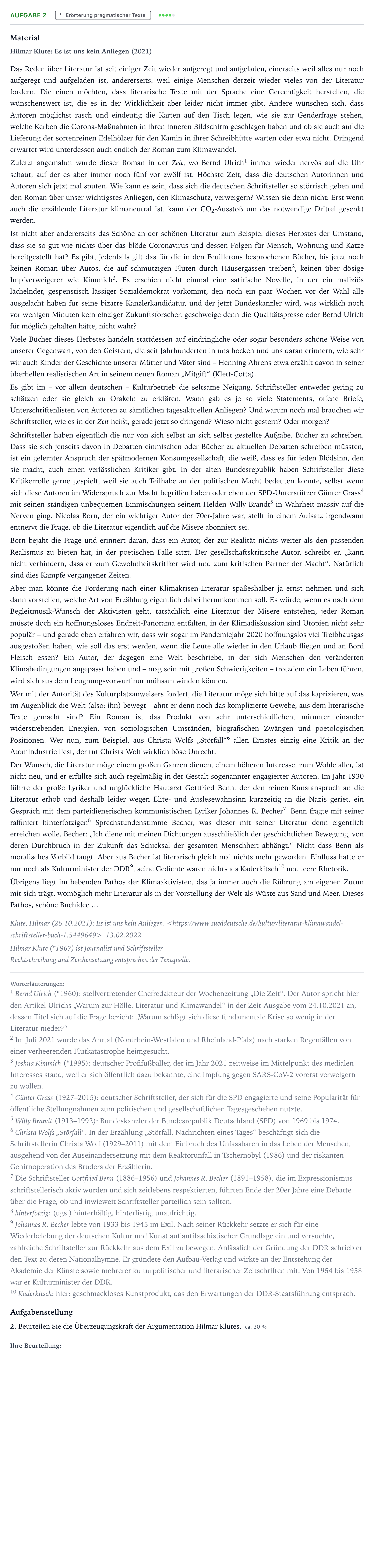 Aufgabenstellung: Aufgabe 2 - Erörterung pragmatischer Texte · Abitur NRW Deutsch LK · Aufgabe von Literatur und Literatur 2024