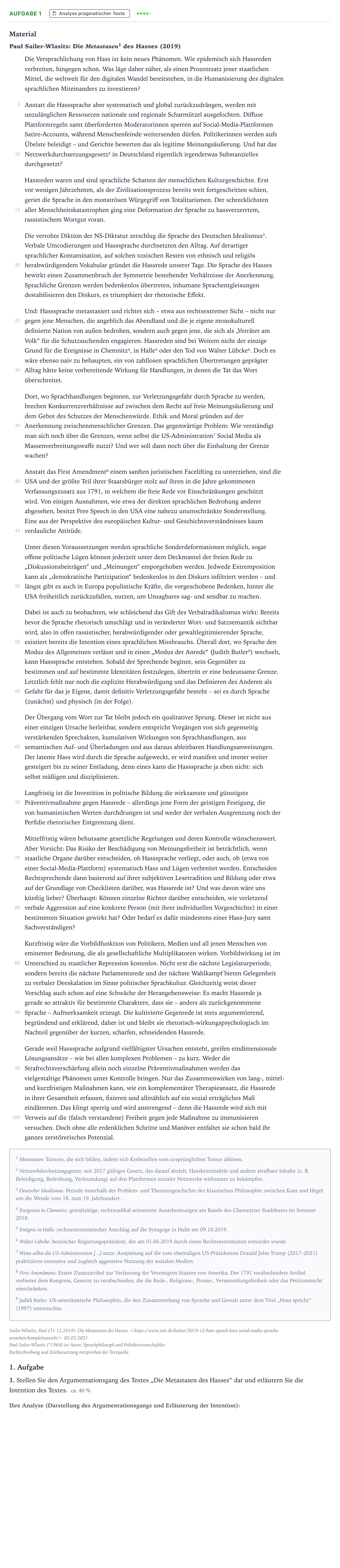 Aufgabenstellung: Aufgabe 1 - Analyse pragmatischer Texte · Abitur NRW Deutsch LK · Auftreten und Auswirkungen von Hass 2023
