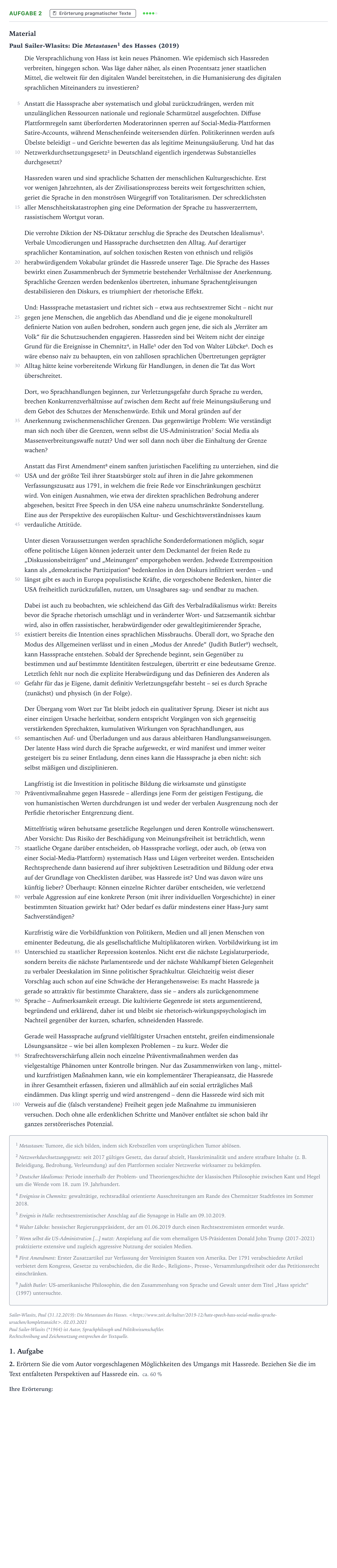 Aufgabenstellung: Aufgabe 2 - Erörterung pragmatischer Texte · Abitur NRW Deutsch LK · Auftreten und Auswirkungen von Hass 2023