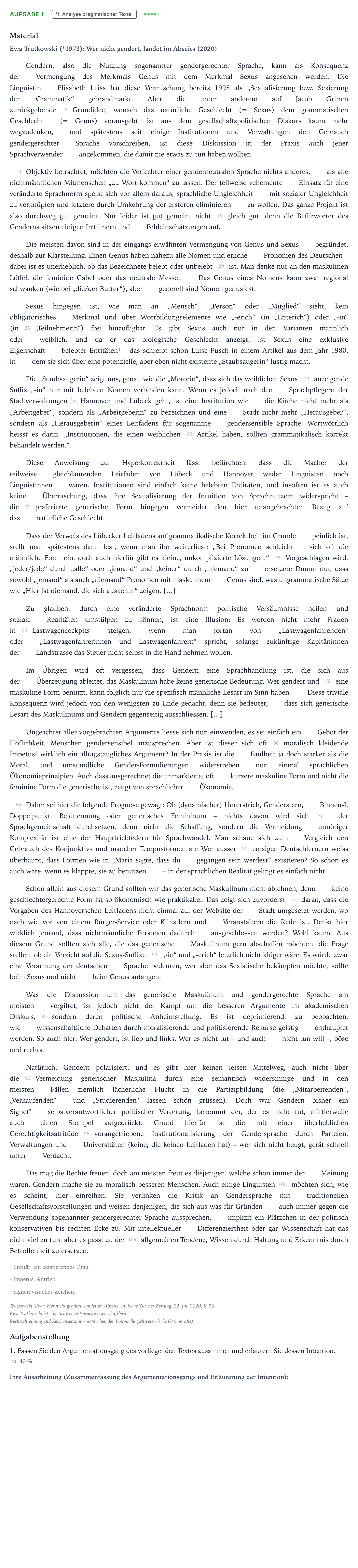 Aufgabenstellung: Aufgabe 1 - Analyse pragmatischer Texte · Abitur NRW Deutsch LK · Auswirkungen des Genderns auf die K 2023