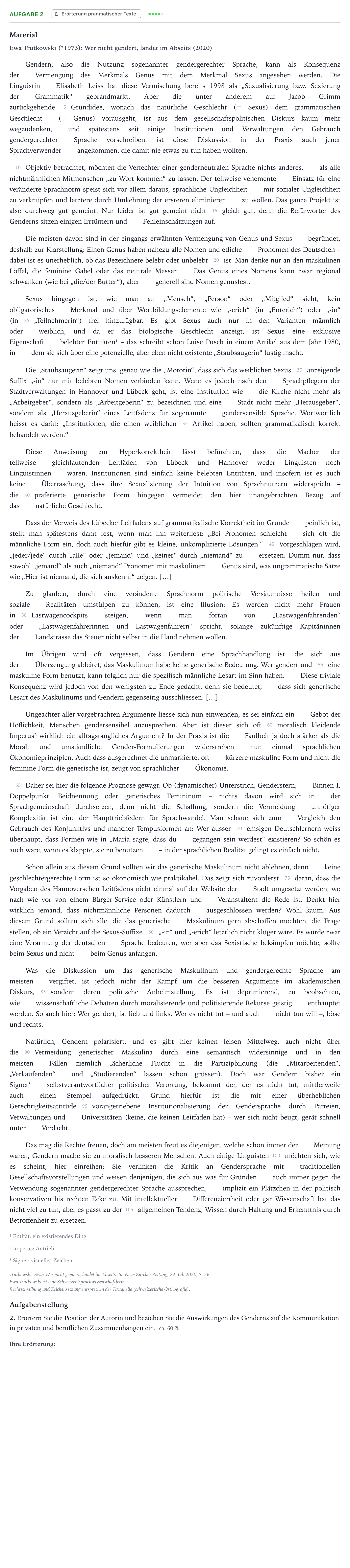 Aufgabenstellung: Aufgabe 2 - Erörterung pragmatischer Texte · Abitur NRW Deutsch LK · Auswirkungen des Genderns auf die K 2023