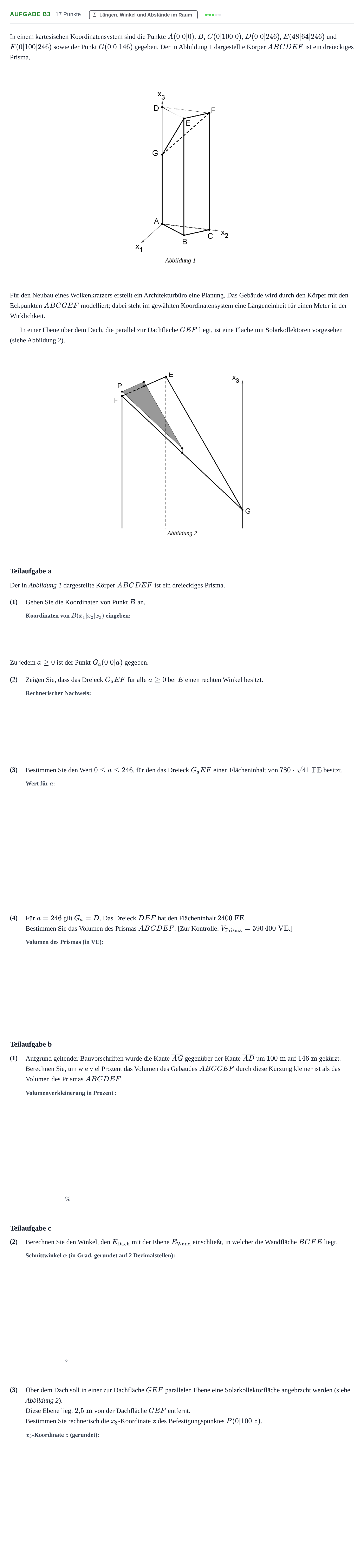 Aufgabenstellung: Aufgabe B3 - Längen, Winkel und Abstände · Abitur NRW Mathematik LK · Haupttermin · GTR 2022