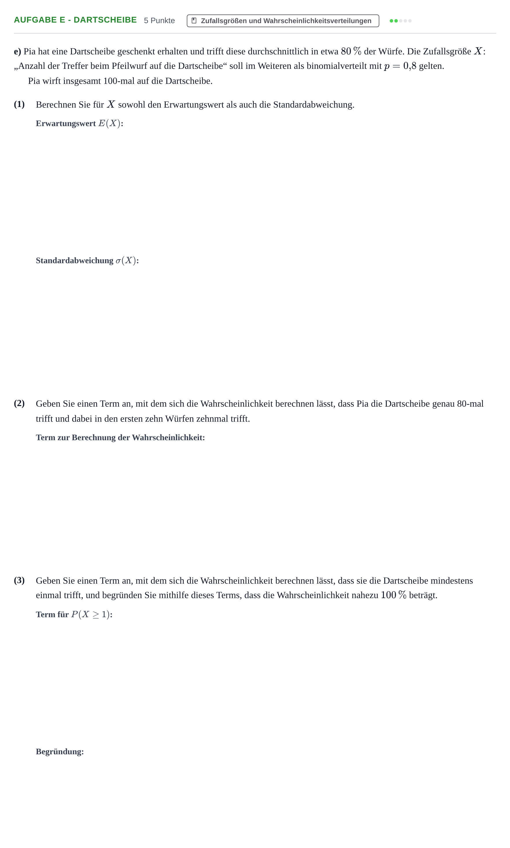 Aufgabenstellung: Aufgabe e - Dartscheibe · Abitur NRW Mathematik LK · Haupttermin · GTR 2022