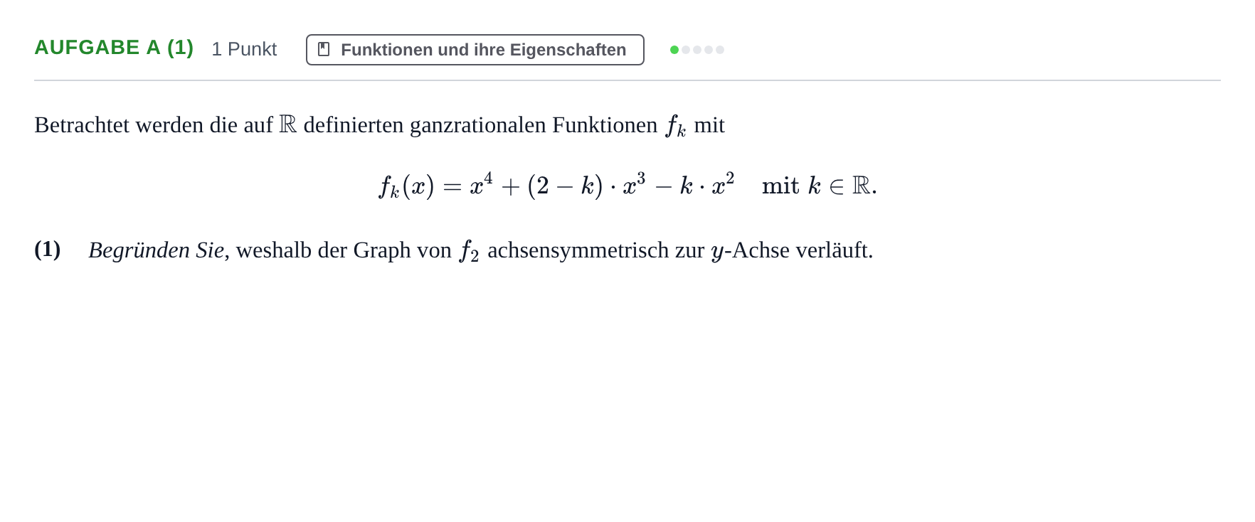 Aufgabenstellung: Aufgabe a (1) - Funktionen und ihre Eigenschaften · Abitur NRW Mathematik LK · Haupttermin · GTR · Weiterbildungsk 2022