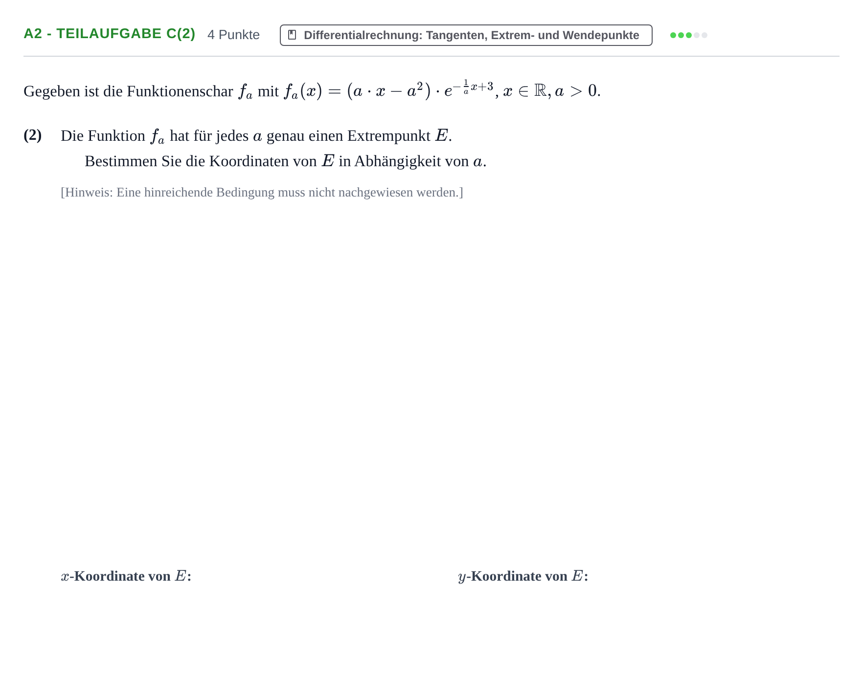 Aufgabenstellung: Aufgabe A2 - Teilaufgabe c(2) · Abitur NRW Mathematik LK · Nachtermin · CAS 2022