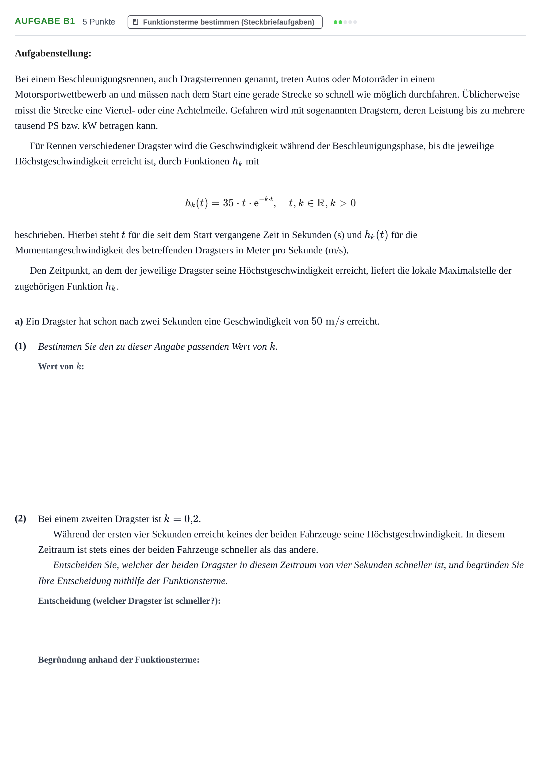 Aufgabenstellung: Aufgabe B1 - Funktionsterme bestimmen · Abitur NRW Mathematik LK · Nachtermin · CAS · Weiterbildungsko 2022