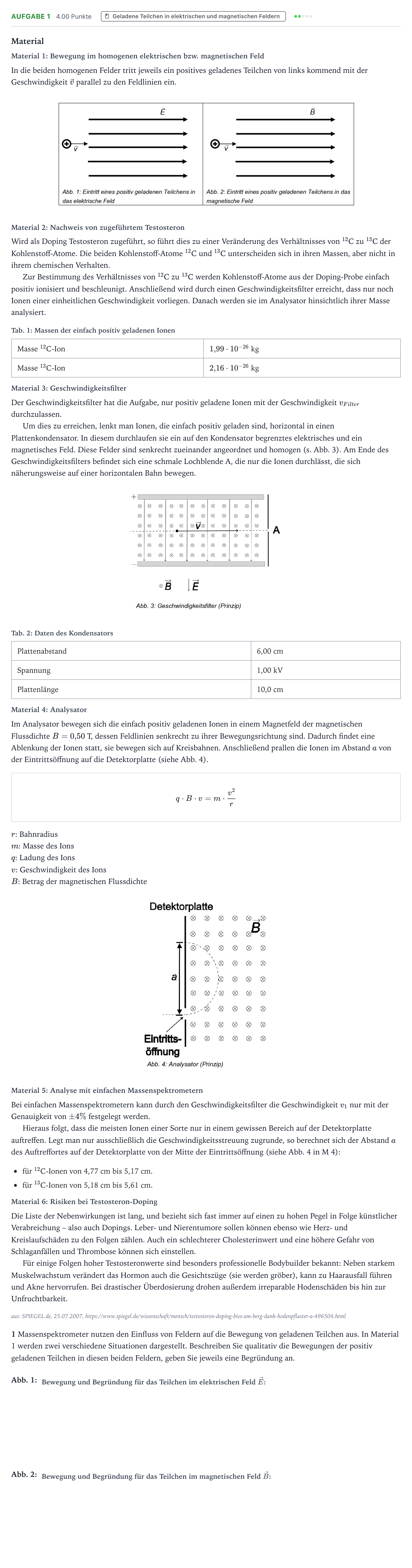 Aufgabenstellung: Aufgabe 1 · Abitur NRW Physik GK · Massenspektrometrie 2025