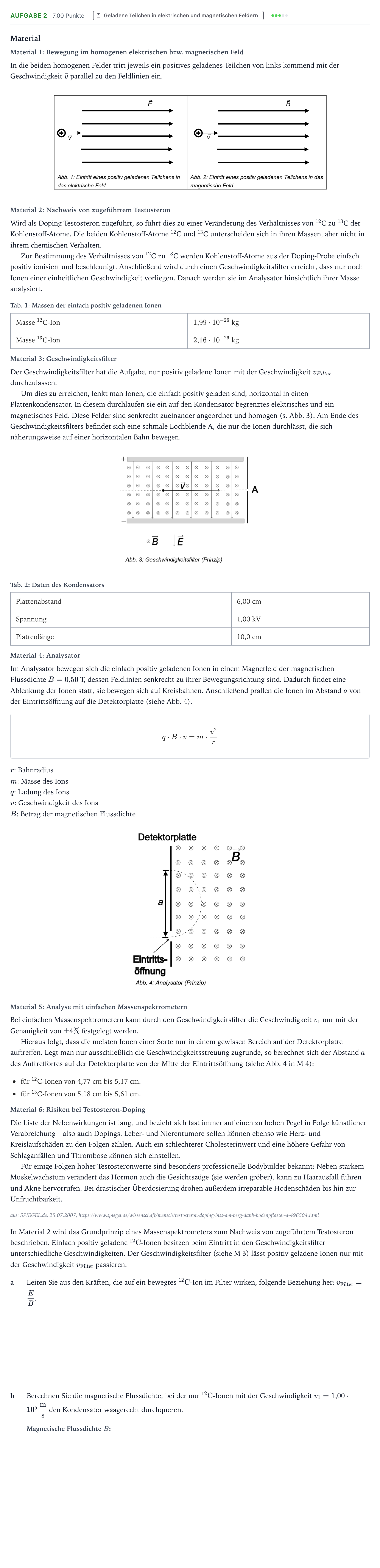 Aufgabenstellung: Aufgabe 2 · Abitur NRW Physik GK · Massenspektrometrie 2025