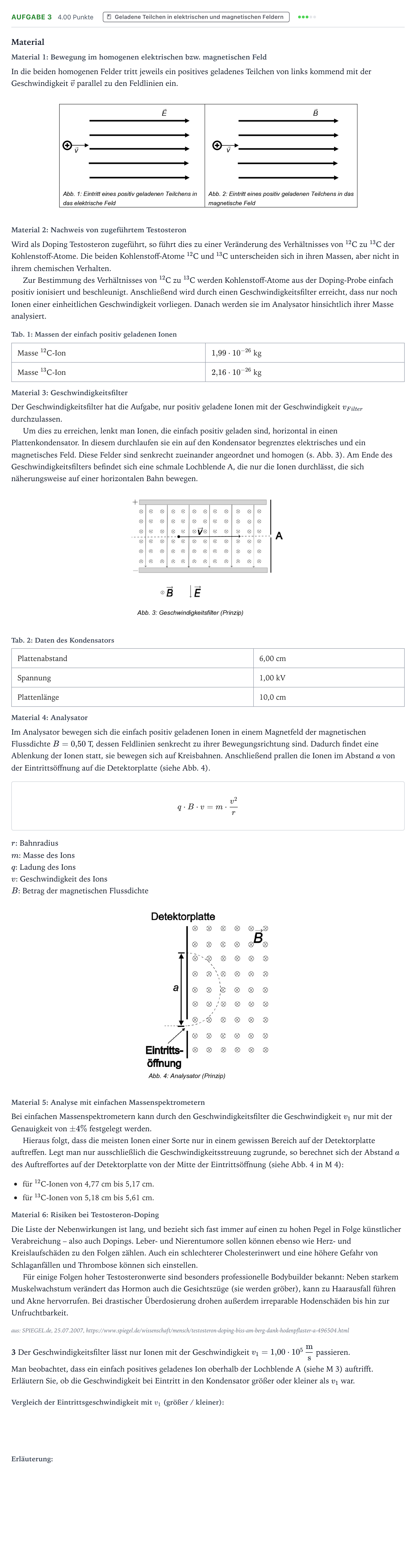Aufgabenstellung: Aufgabe 3 · Abitur NRW Physik GK · Massenspektrometrie 2025