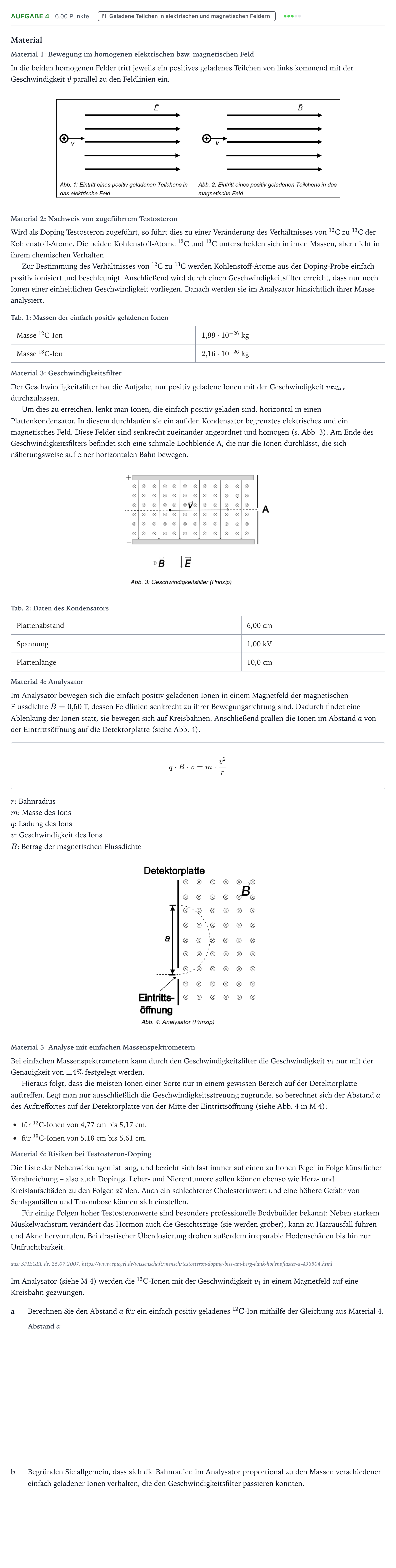 Aufgabenstellung: Aufgabe 4 · Abitur NRW Physik GK · Massenspektrometrie 2025