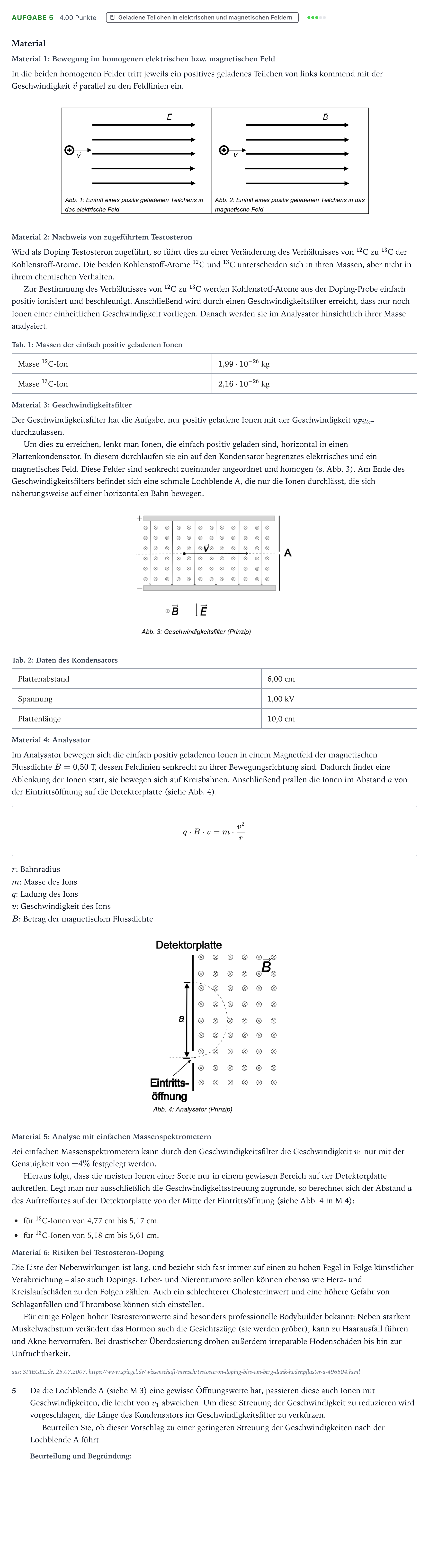 Aufgabenstellung: Aufgabe 5 · Abitur NRW Physik GK · Massenspektrometrie 2025