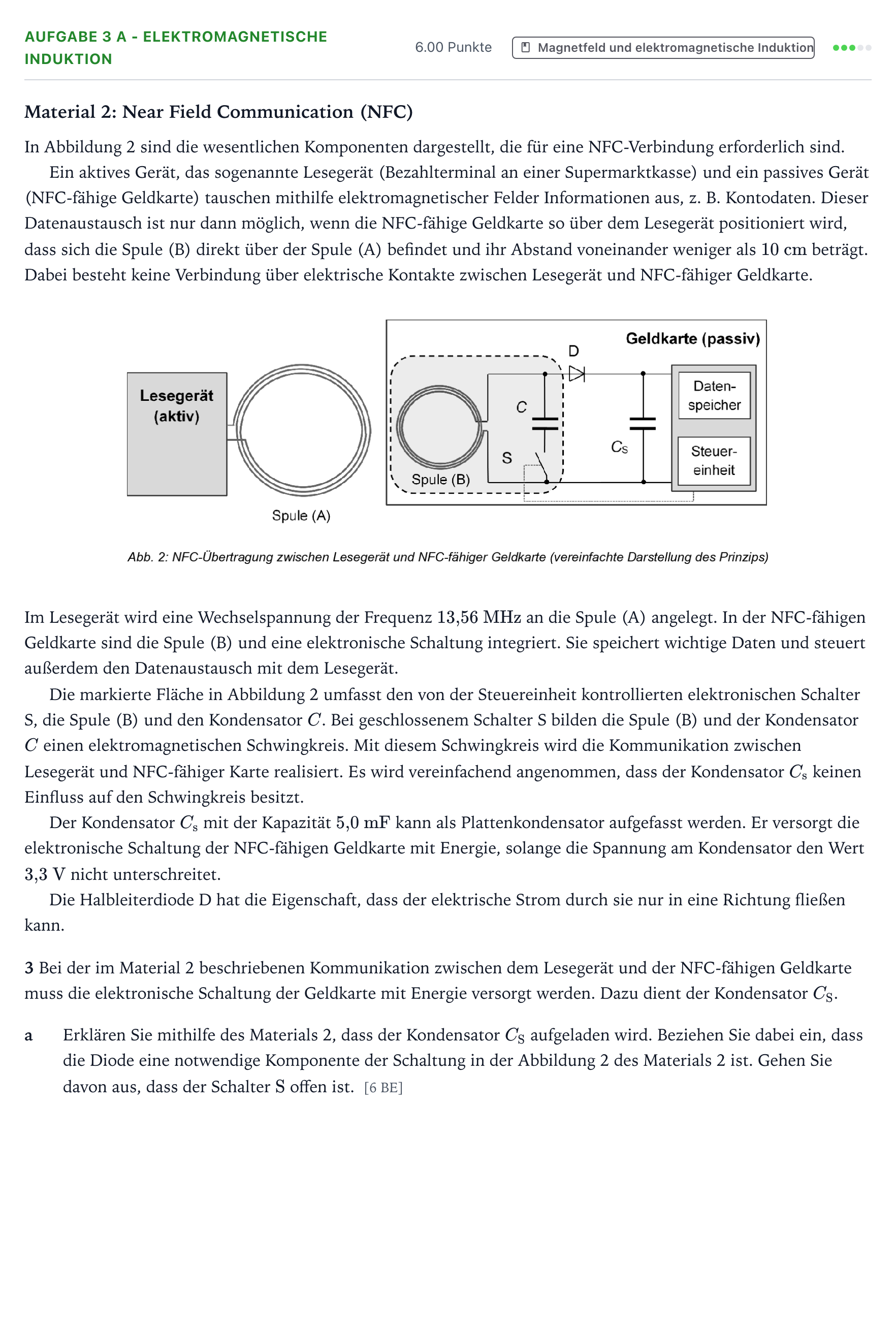 Aufgabenstellung: Aufgabe 3 a - Elektromagnetische Induktion · Abitur NRW Physik LK · NFC-Technologie 2025