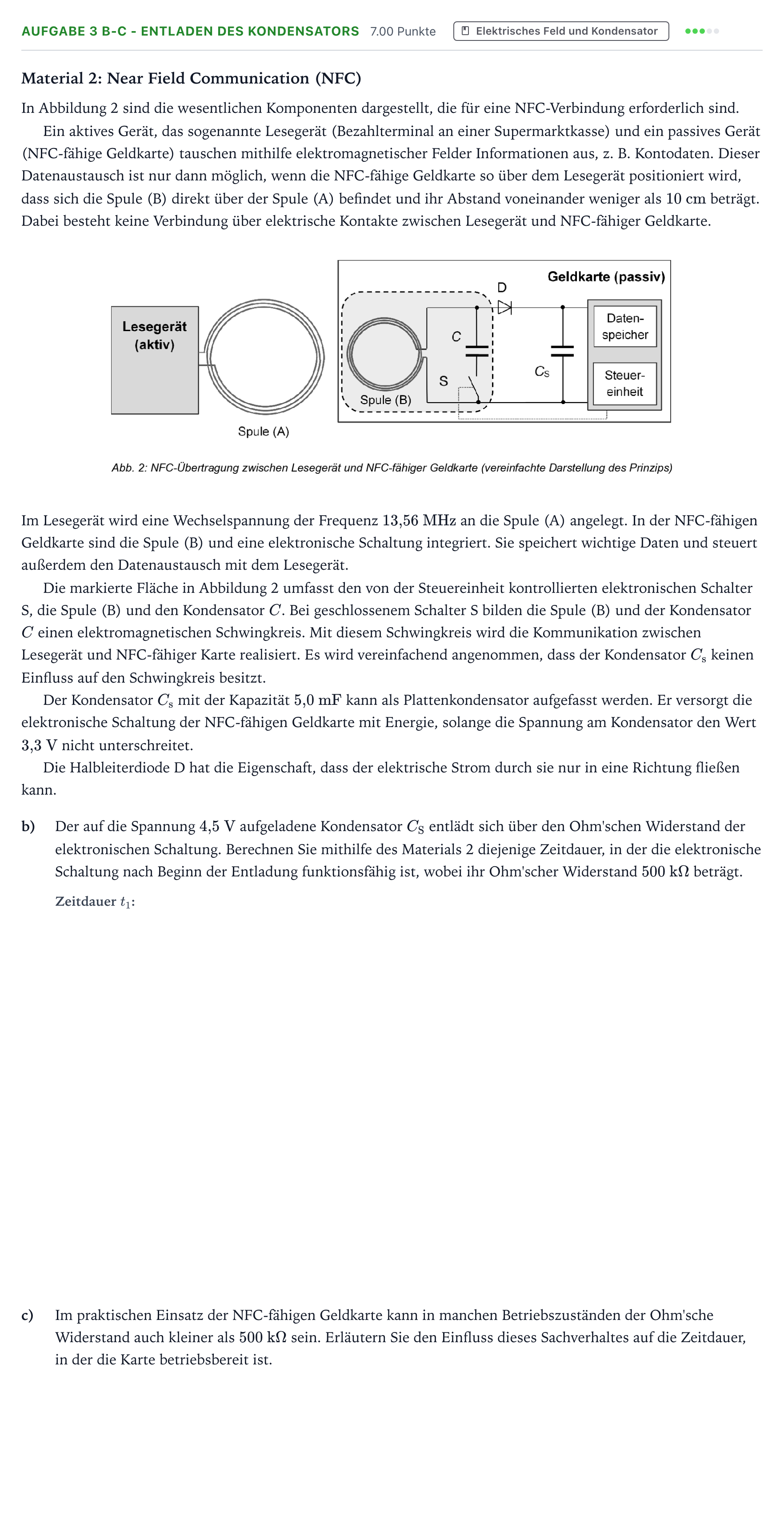 Aufgabenstellung: Aufgabe 3 b-c - Entladen des Kondensators · Abitur NRW Physik LK · NFC-Technologie 2025