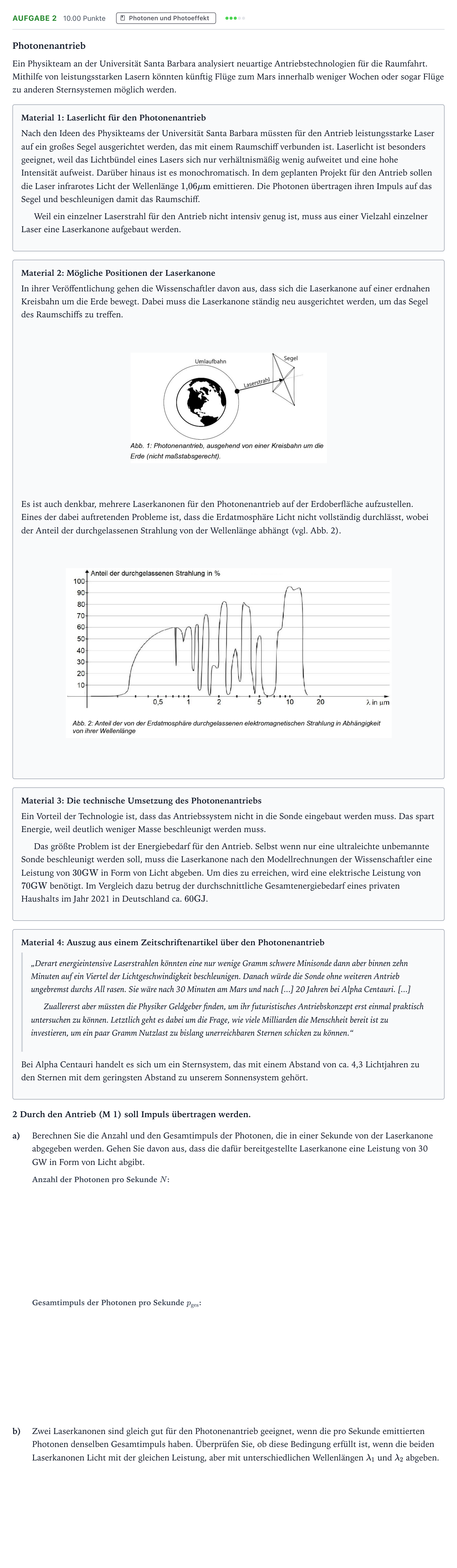 Aufgabenstellung: Aufgabe 2 · Abitur NRW Physik LK · Photonenantrieb 2026