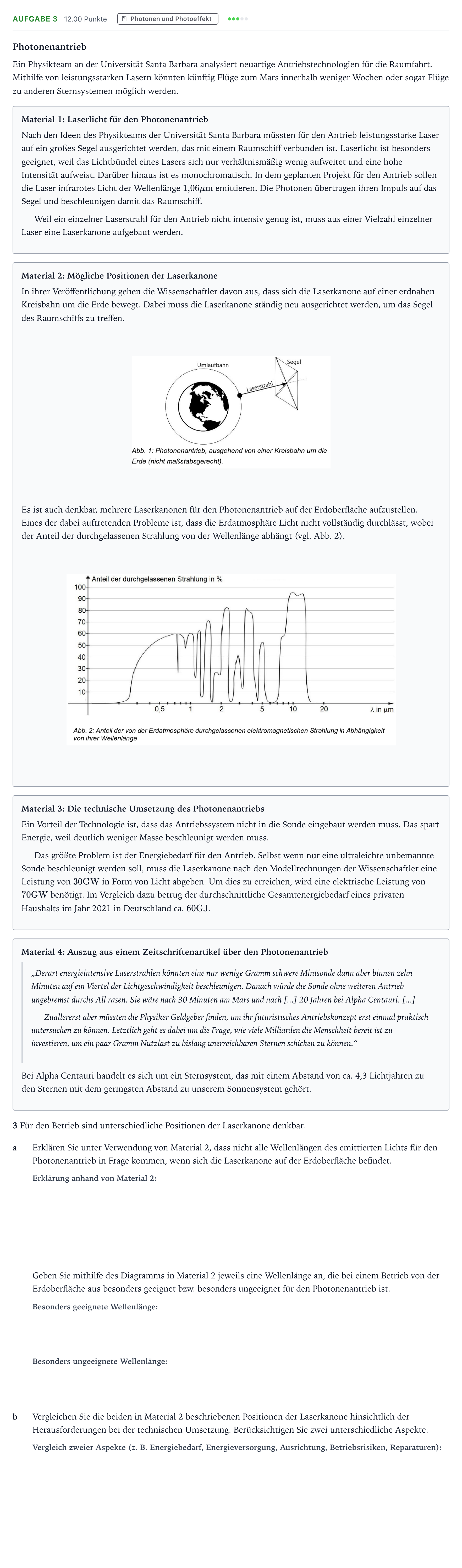 Aufgabenstellung: Aufgabe 3 · Abitur NRW Physik LK · Photonenantrieb 2026