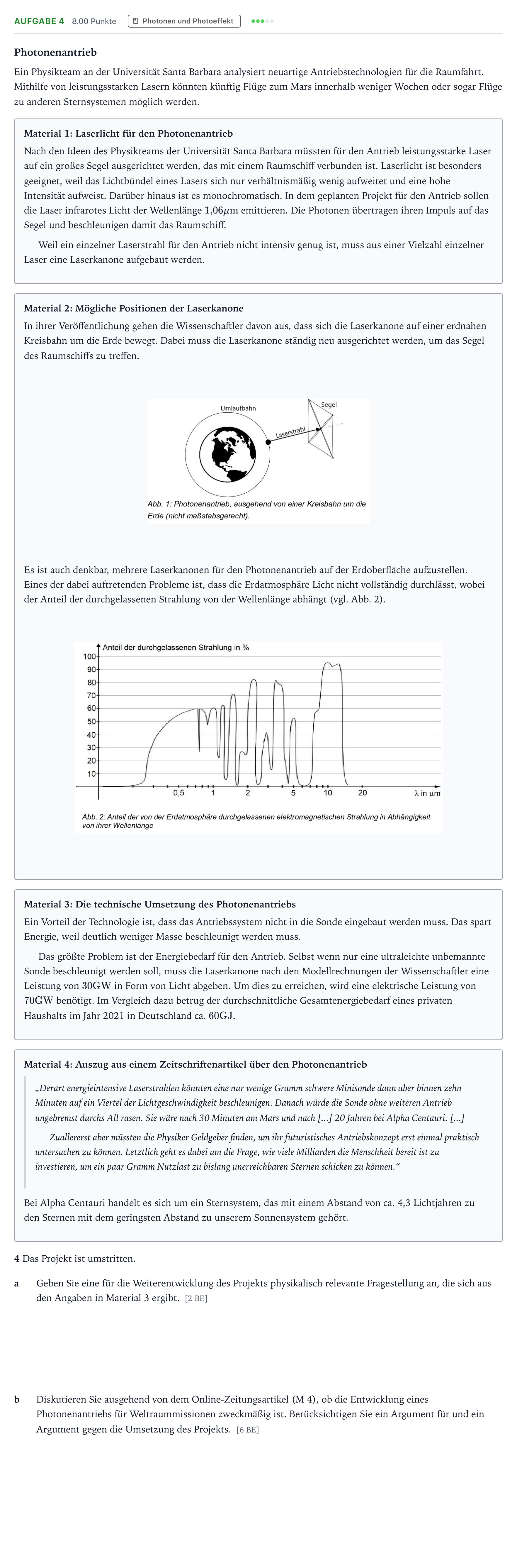 Aufgabenstellung: Aufgabe 4 · Abitur NRW Physik LK · Photonenantrieb 2026