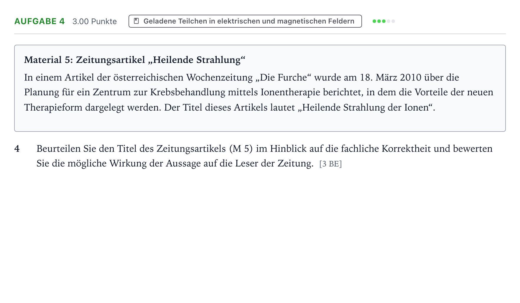 Aufgabenstellung: Aufgabe 4 · Abitur NRW Physik GK · Protonentherapie 2026