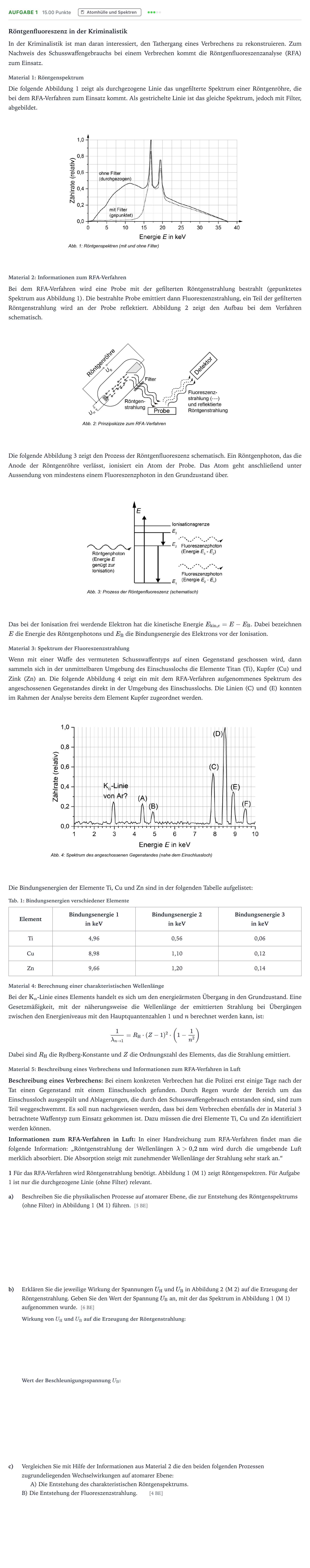 Aufgabenstellung: Aufgabe 1 · Abitur NRW Physik LK · Röntgenfluoreszenz in der Kriminali 2026