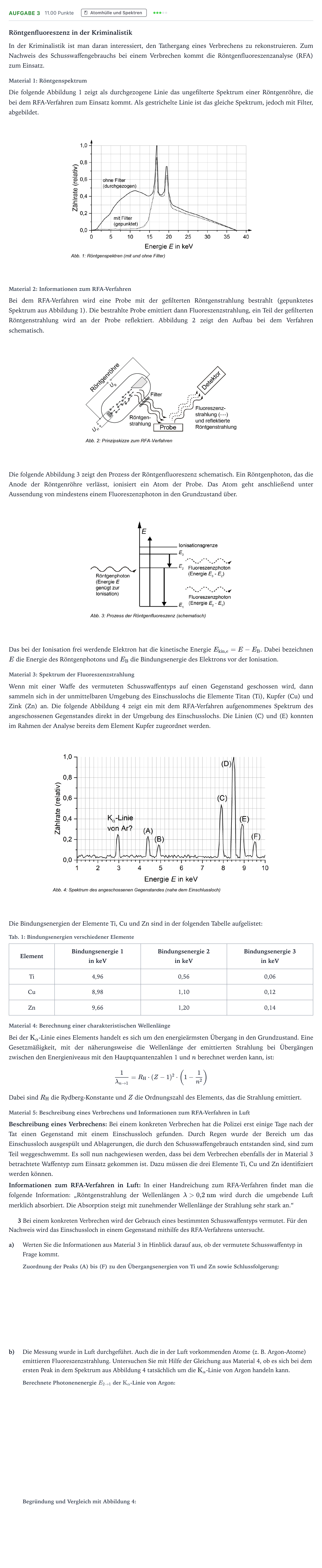 Aufgabenstellung: Aufgabe 3 · Abitur NRW Physik LK · Röntgenfluoreszenz in der Kriminali 2026