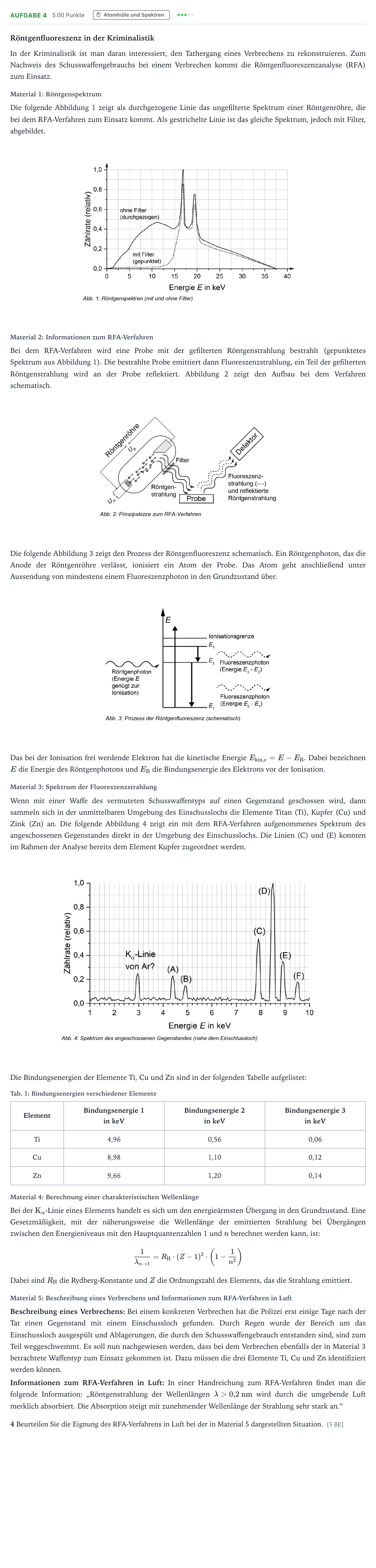 Aufgabenstellung: Aufgabe 4 · Abitur NRW Physik LK · Röntgenfluoreszenz in der Kriminali 2026