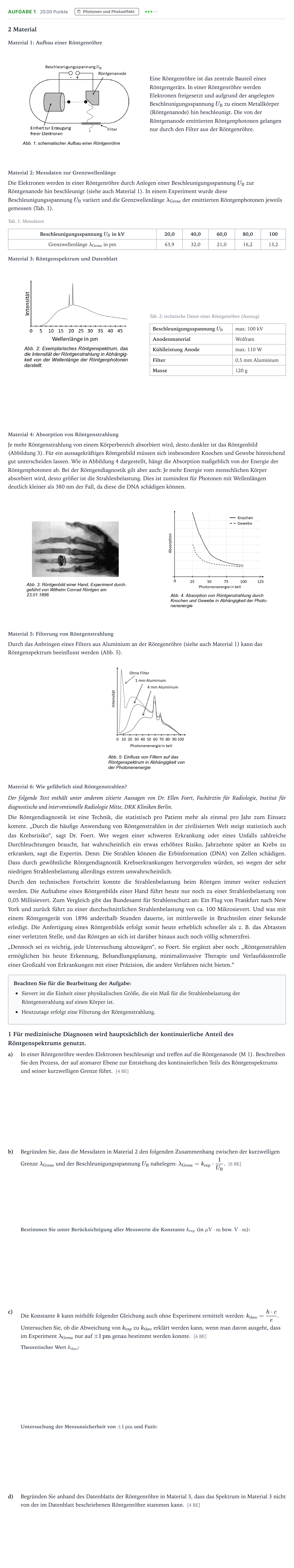 Aufgabenstellung: Aufgabe 1 · Abitur NRW Physik LK · Röntgenstrahlen in der Medizin 2026