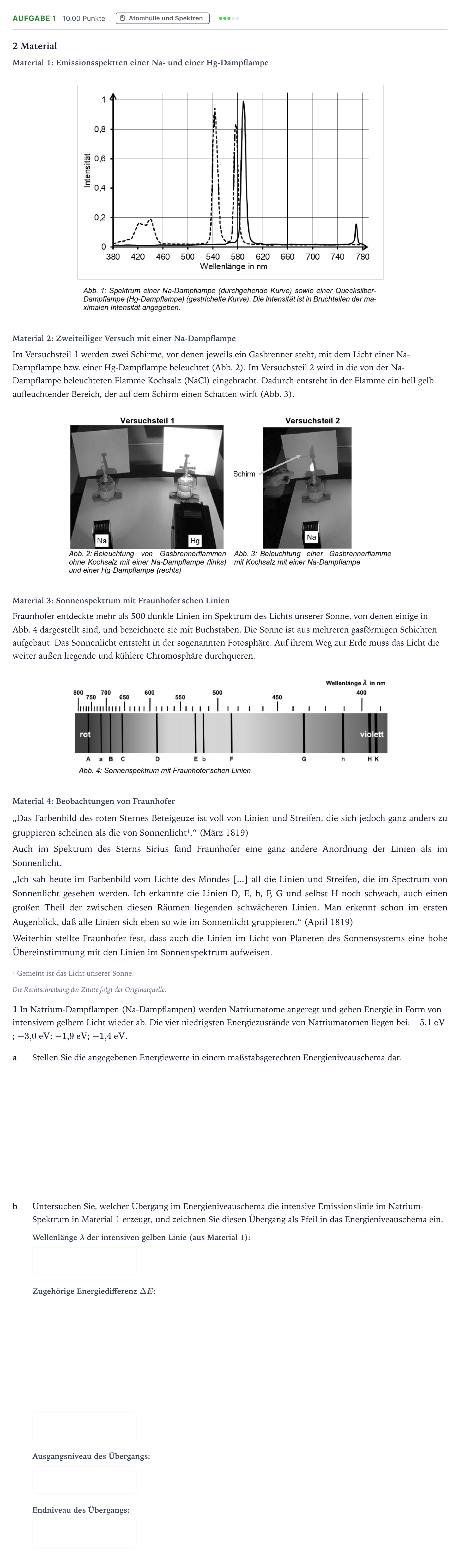 Aufgabenstellung: Aufgabe 1 · Abitur NRW Physik GK · Sonnenspektrum 2025
