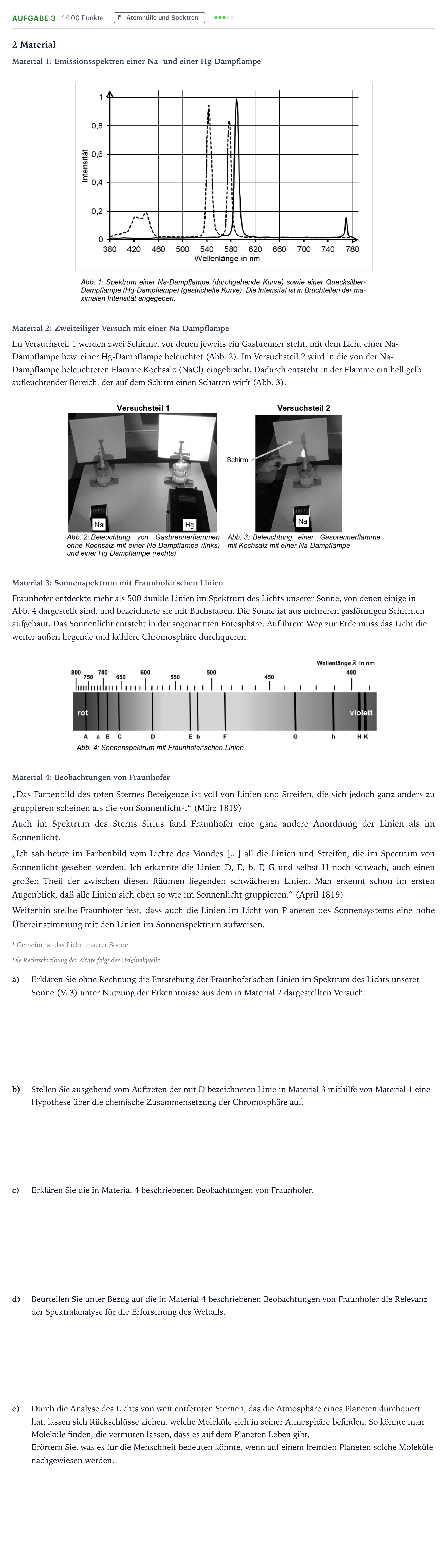Aufgabenstellung: Aufgabe 3 · Abitur NRW Physik GK · Sonnenspektrum 2025