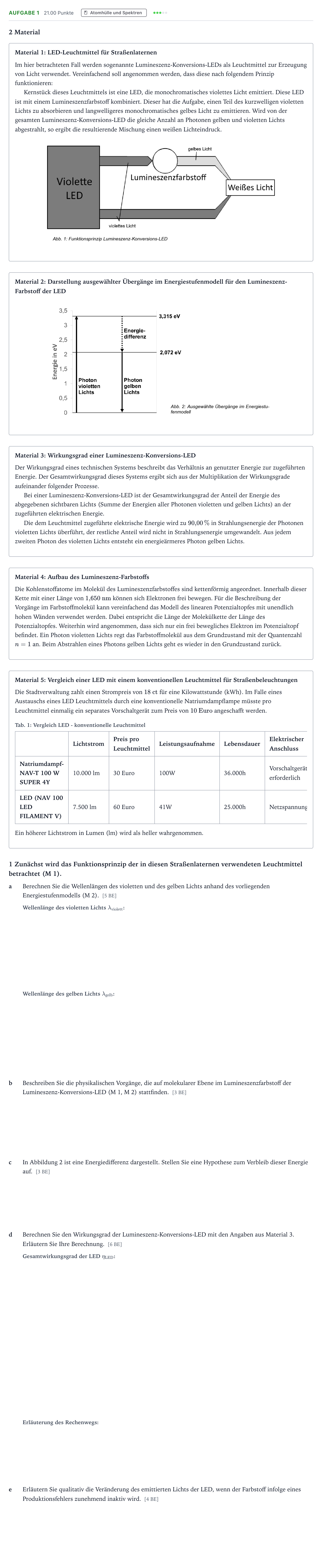 Aufgabenstellung: Aufgabe 1 · Abitur NRW Physik LK · Straßenlicht 2025