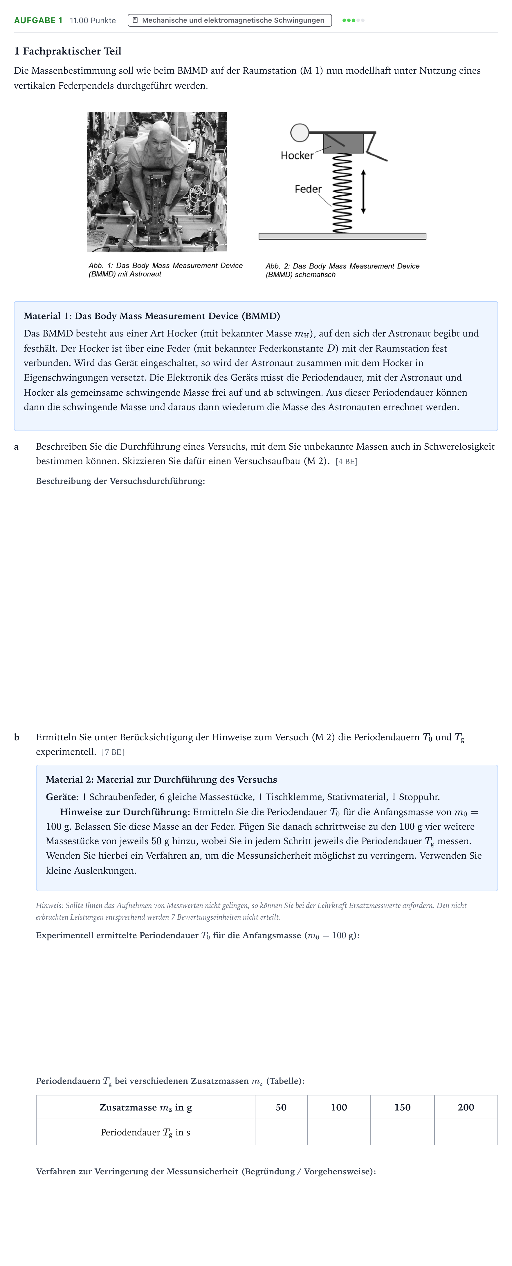 Aufgabenstellung: Aufgabe 1 · Abitur NRW Physik LK · Wiegen im Weltraum 2025