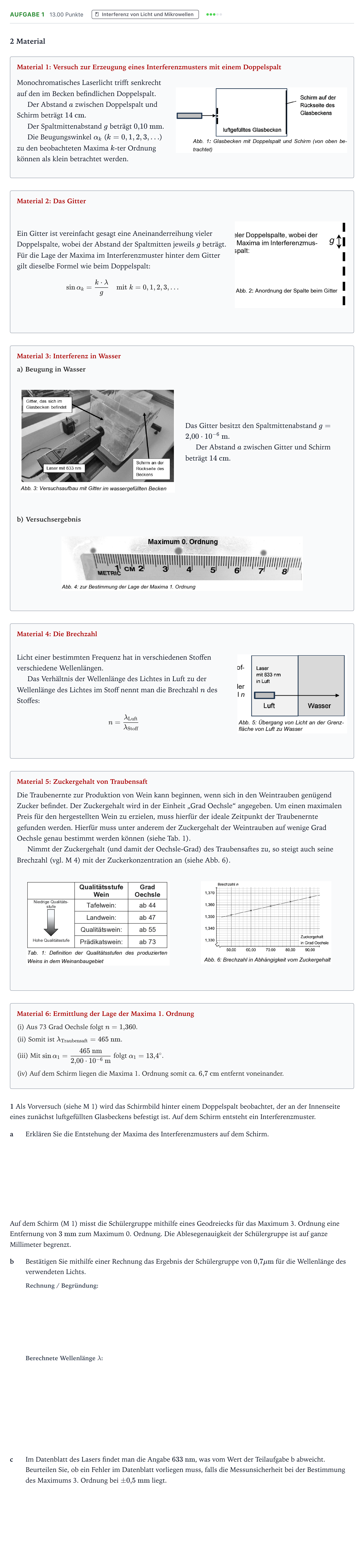 Aufgabenstellung: Aufgabe 1 · Abitur NRW Physik GK · Zuckergehalt von Weintrauben 2026