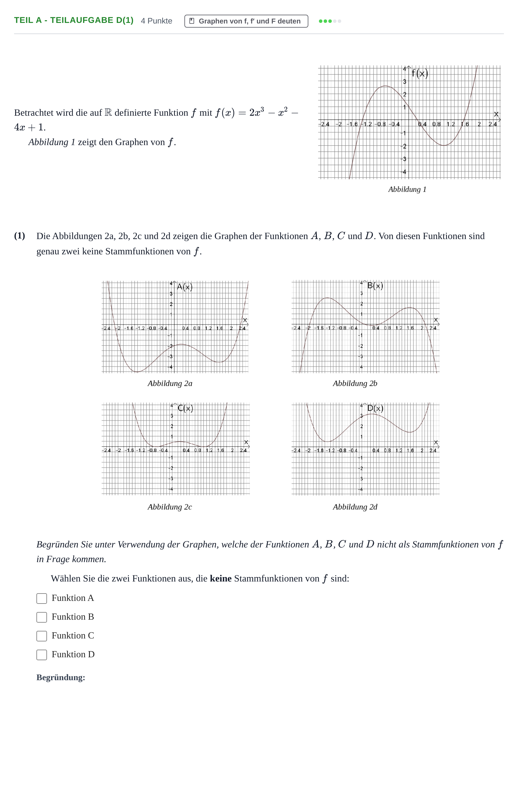 Aufgabenstellung: Teil A - Teilaufgabe d(1) · Abitur NRW Mathematik LK · Nachtermin · GTR 2022
