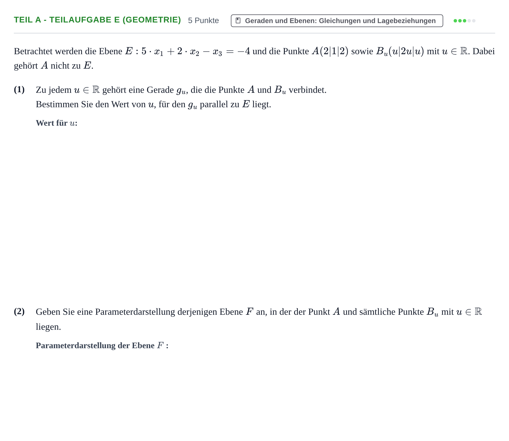 Aufgabenstellung: Teil A - Teilaufgabe e (Geometrie) · Abitur NRW Mathematik LK · Nachtermin · GTR 2022