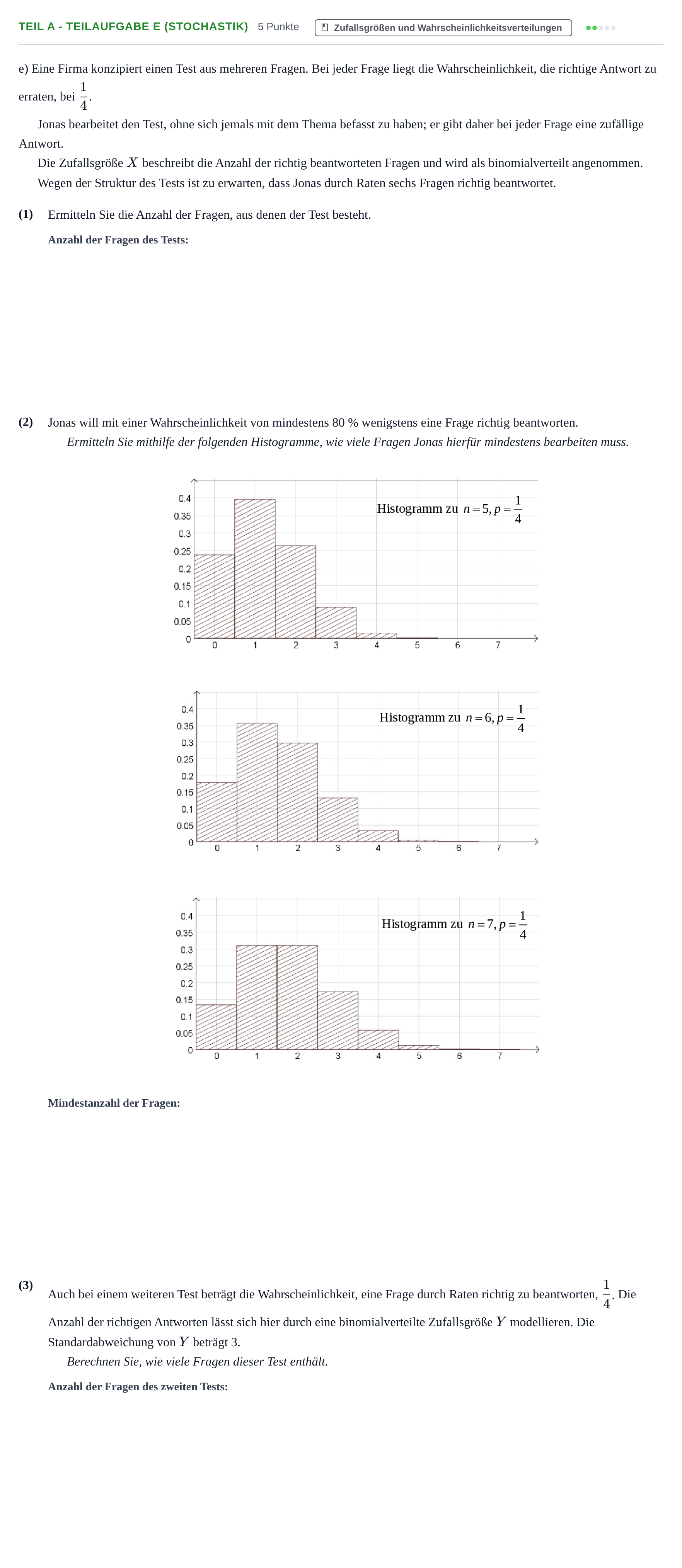 Aufgabenstellung: Teil A - Teilaufgabe e (Stochastik) · Abitur NRW Mathematik LK · Nachtermin · GTR 2022