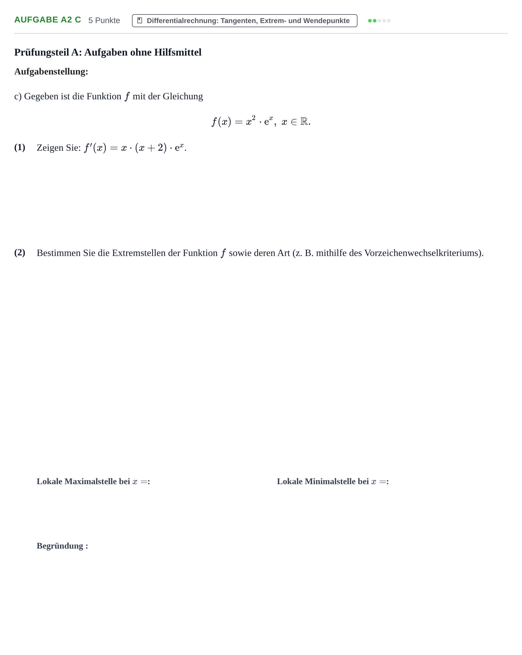 Aufgabenstellung: Aufgabe A2 c · Abitur NRW Mathematik GK · Haupttermin · CAS 2023