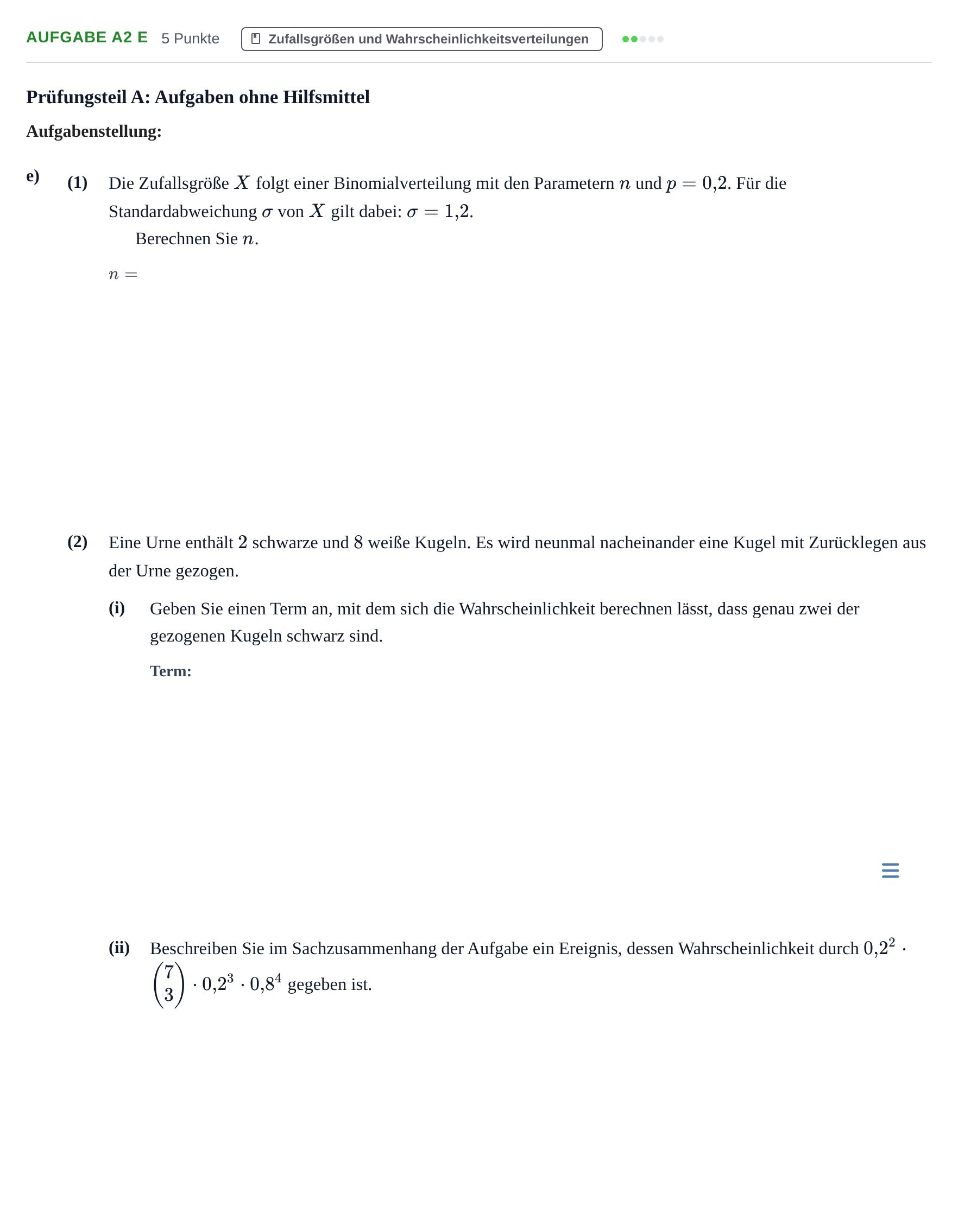 Aufgabenstellung: Aufgabe A2 e · Abitur NRW Mathematik GK · Haupttermin · CAS 2023