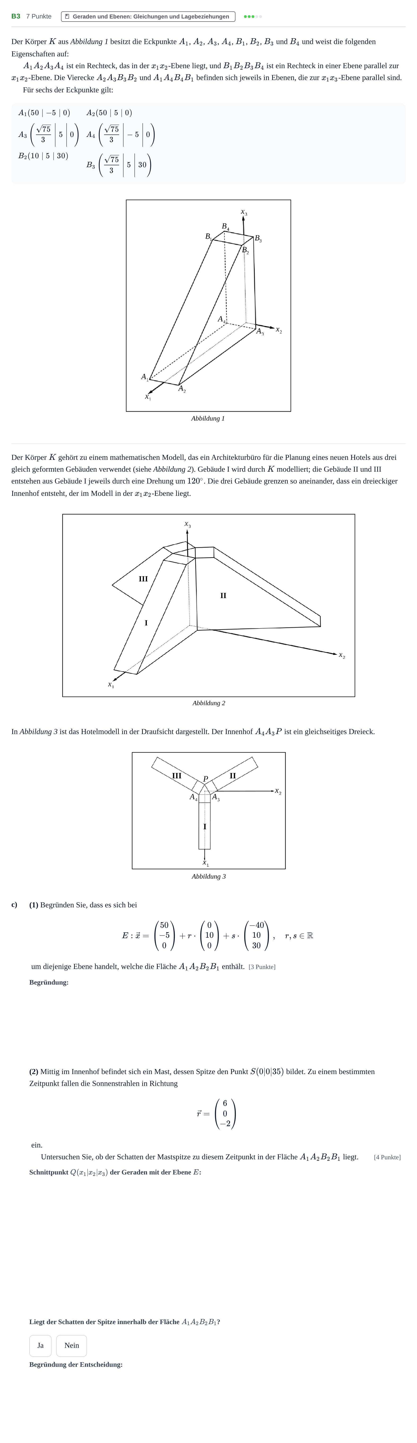 Aufgabenstellung: Aufgabe B3 - Geraden und Ebenen · Abitur NRW Mathematik GK · Haupttermin · GTR 2023