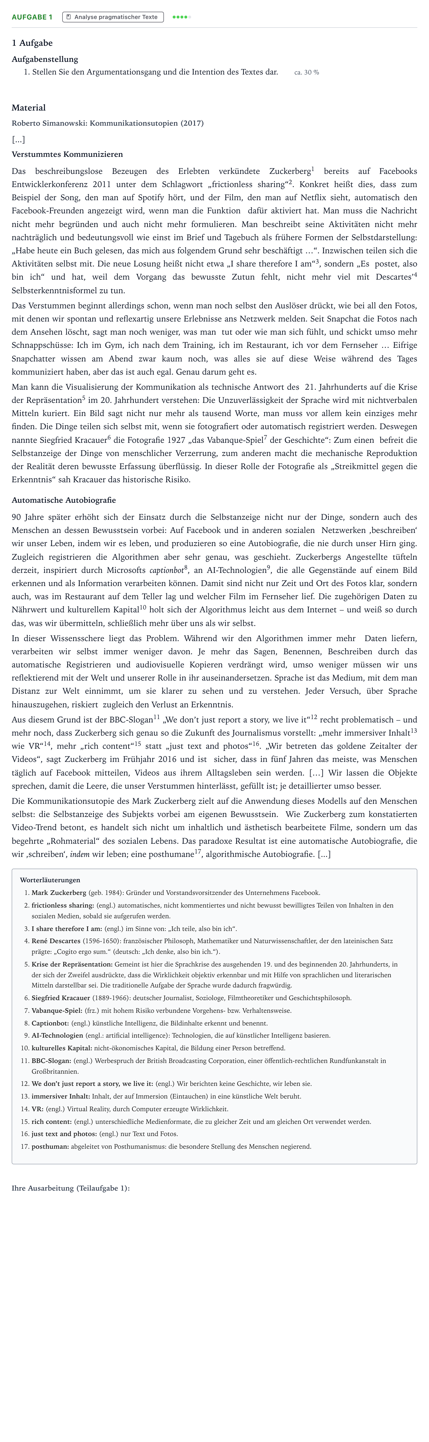 Aufgabenstellung: Aufgabe 1 - Analyse pragmatischer Texte · Abitur NRW Deutsch LK · automatisierte audiovisuelle Kommun 2022