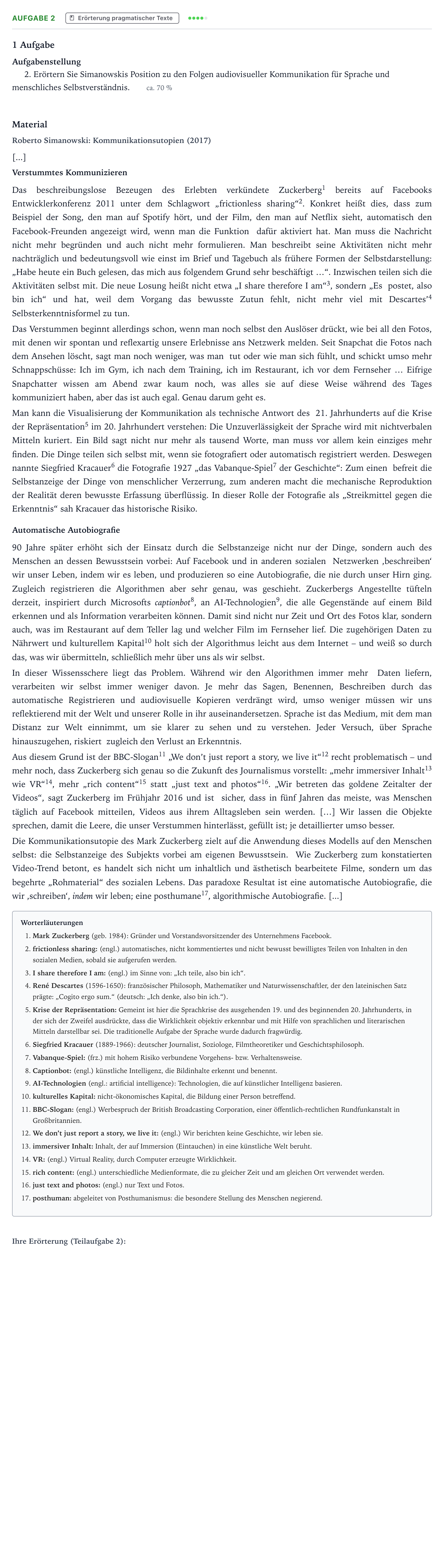 Aufgabenstellung: Aufgabe 2 - Erörterung pragmatischer Texte · Abitur NRW Deutsch LK · automatisierte audiovisuelle Kommun 2022