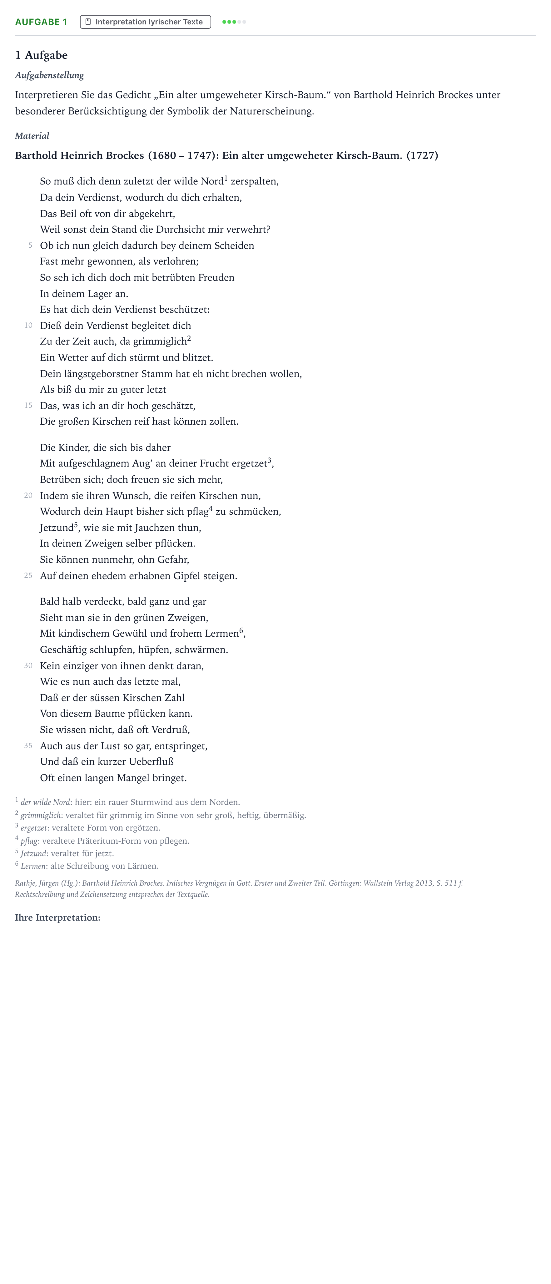 Aufgabenstellung: Aufgabe 1 · Abitur NRW Deutsch GK · Brockes: Ein alter umgeweheter Kirs 2023