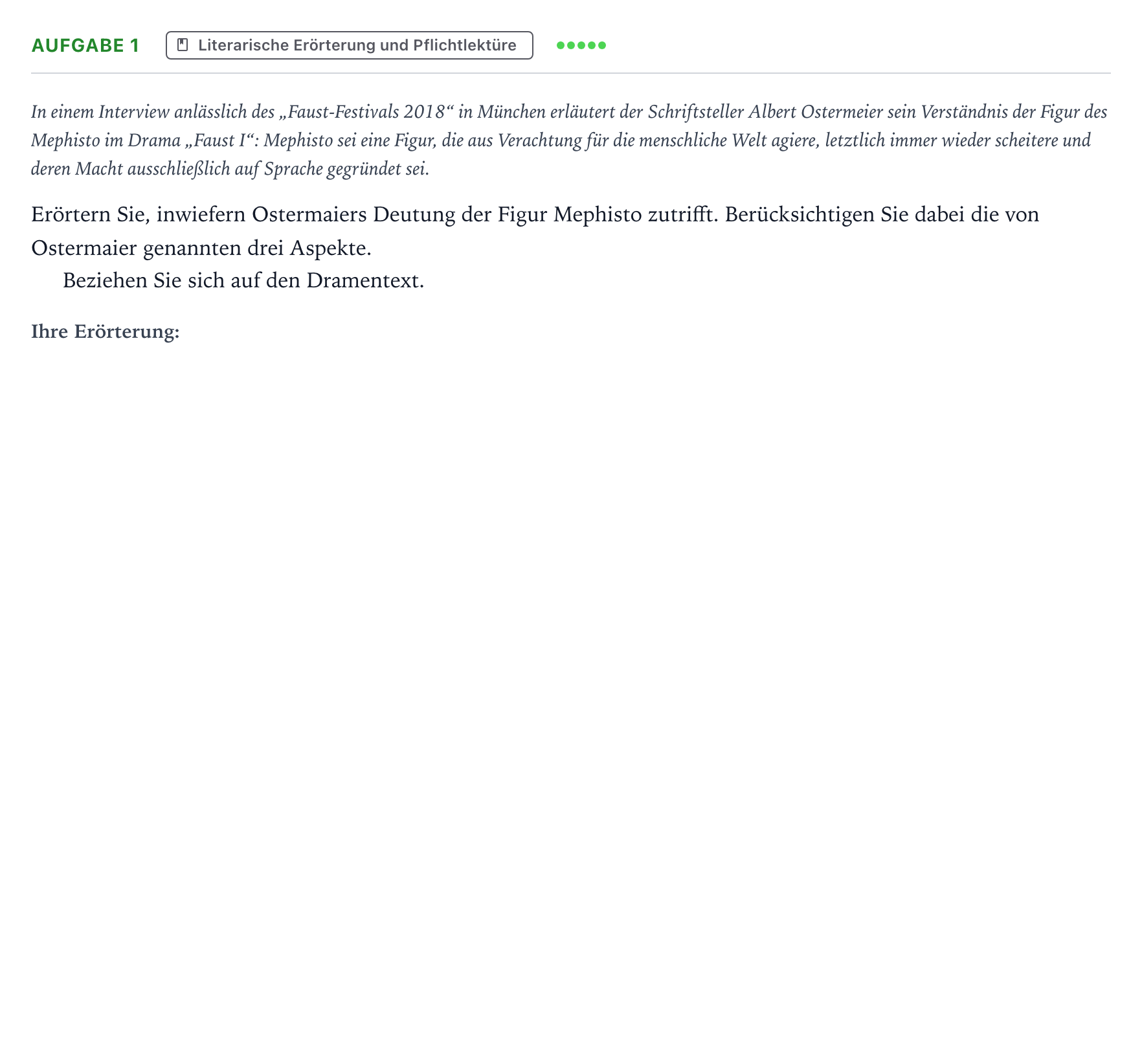 Aufgabenstellung: Aufgabe 1 · Abitur NRW Deutsch LK · Deutung der Figur Mephisto 2021