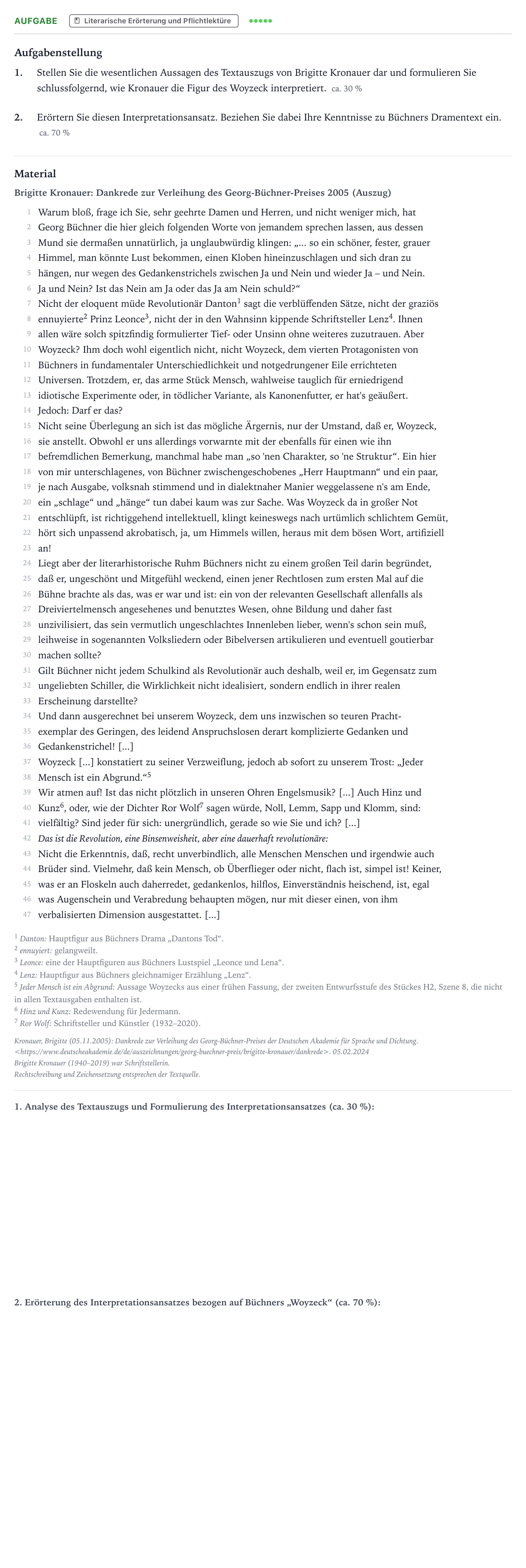 Aufgabenstellung: Aufgabe · Abitur NRW Deutsch LK · Deutung der Figur Woyzeck 2025