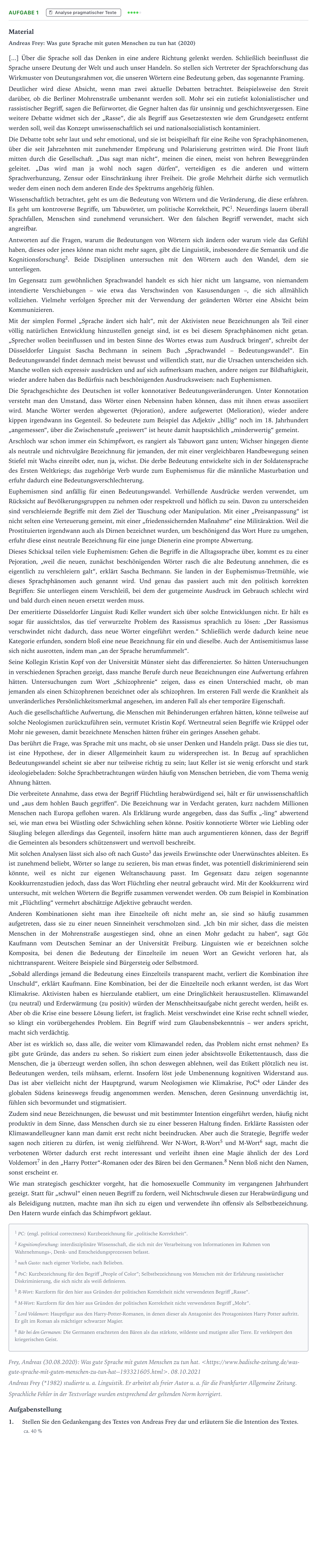 Aufgabenstellung: Aufgabe 1 - Analyse pragmatischer Texte · Abitur NRW Deutsch LK · Einflussnahme durch Sprachlenkung 2024