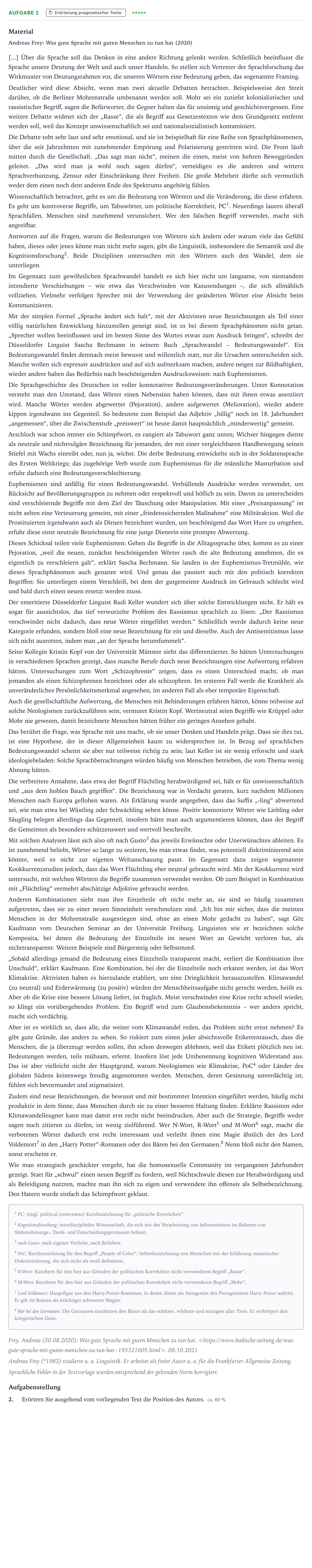 Aufgabenstellung: Aufgabe 2 - Erörterung pragmatischer Texte · Abitur NRW Deutsch LK · Einflussnahme durch Sprachlenkung 2024