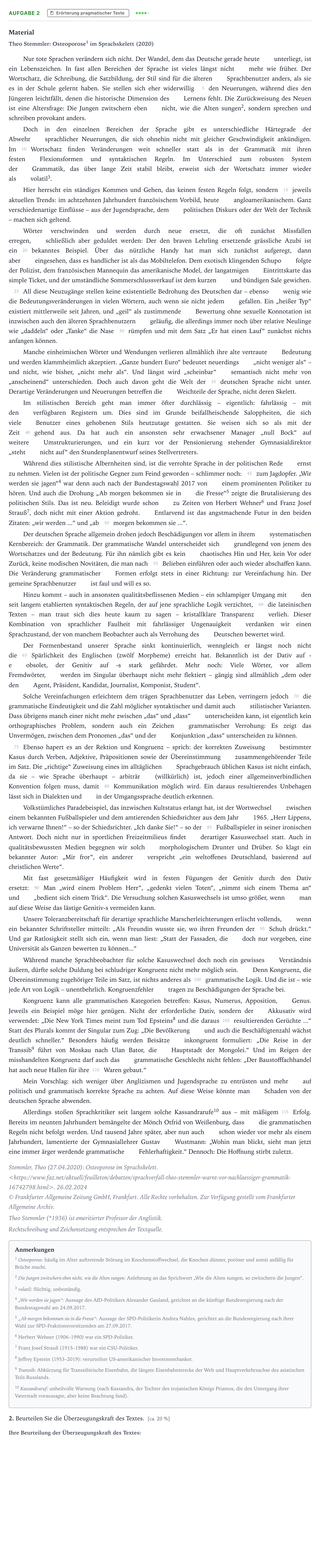 Aufgabenstellung: Aufgabe 2 · Abitur NRW Deutsch LK · Entwicklungstendenzen in der deutsc 2025