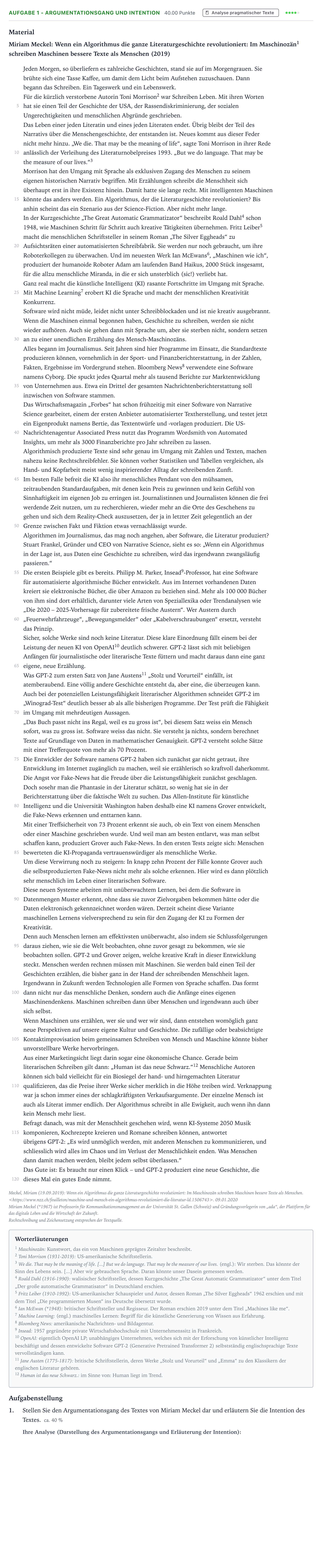 Aufgabenstellung: Aufgabe 1 - Argumentationsgang und Intention · Abitur NRW Deutsch LK · Entwicklung textproduzierender Prog 2022